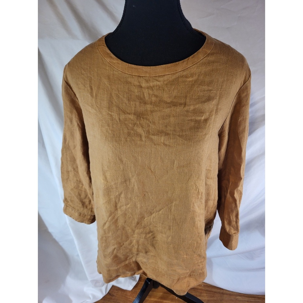 Muji 100% Linen Mustard Yellow 3/4 Sleeve Blouse Large